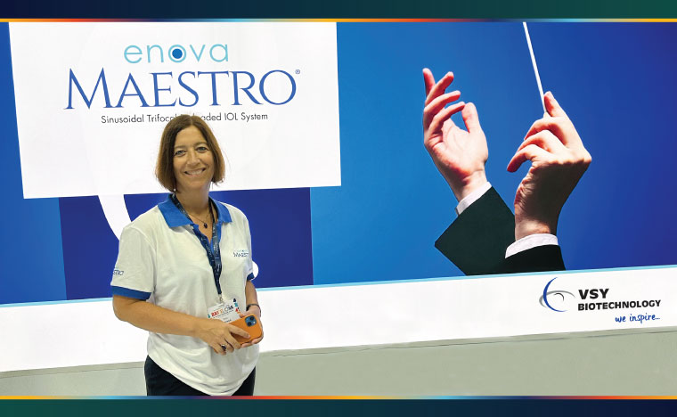 VSY Biotechnology representative at Enova Maestro IOL System display - ESCRS 2024 Congress